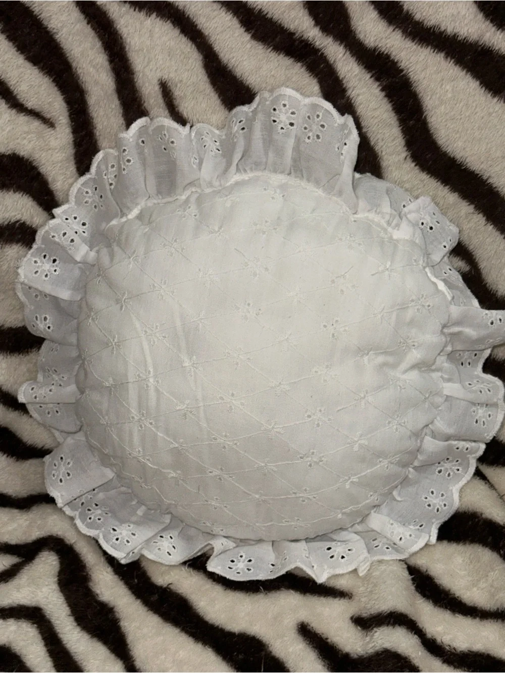Round White Eyelet Ruffle Accent Pillow by